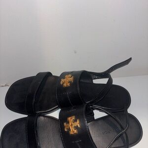 Tory Burch Black Leather Slingback Sandals with Gold Emblem